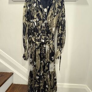 Reiss Black Olive and White Floral Long Sleeve Maxi Dress